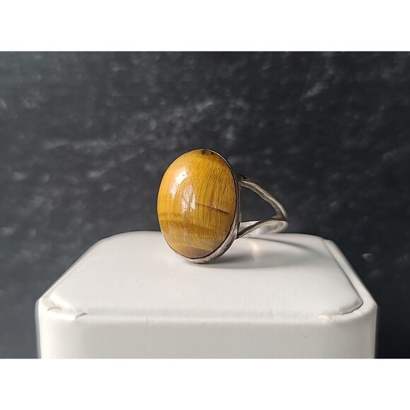 925 Sterling Silver Tiger's Eye Oval Ring Vintage, SIZE US 7.5, READ Description - Picture 2 of 10